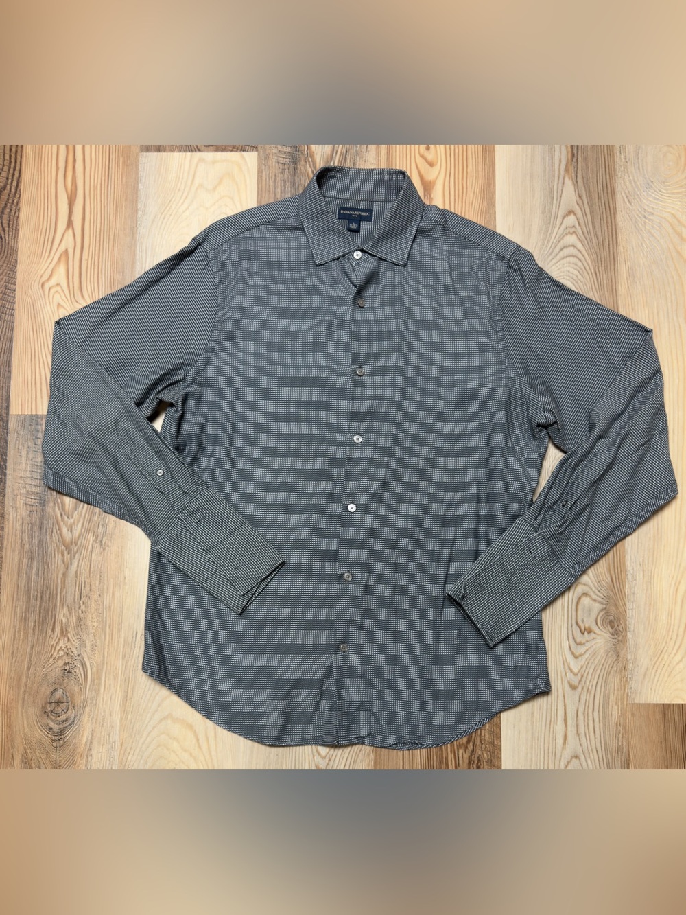 Banana Republic Mens Large Charcoal Gray White Micro-Check Dress Shirt 16-16.5